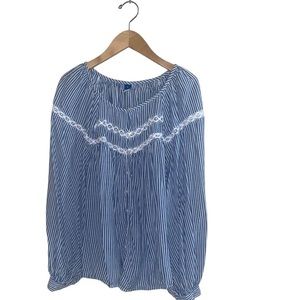 Old Navy Women Striped Crochet Lace Trim Button Front Blouse Size L Blue White